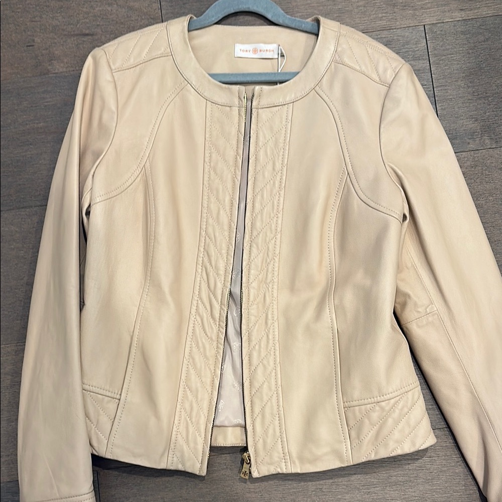 Tory Burch Cream Leather Jacket with Modern Collarless Design
